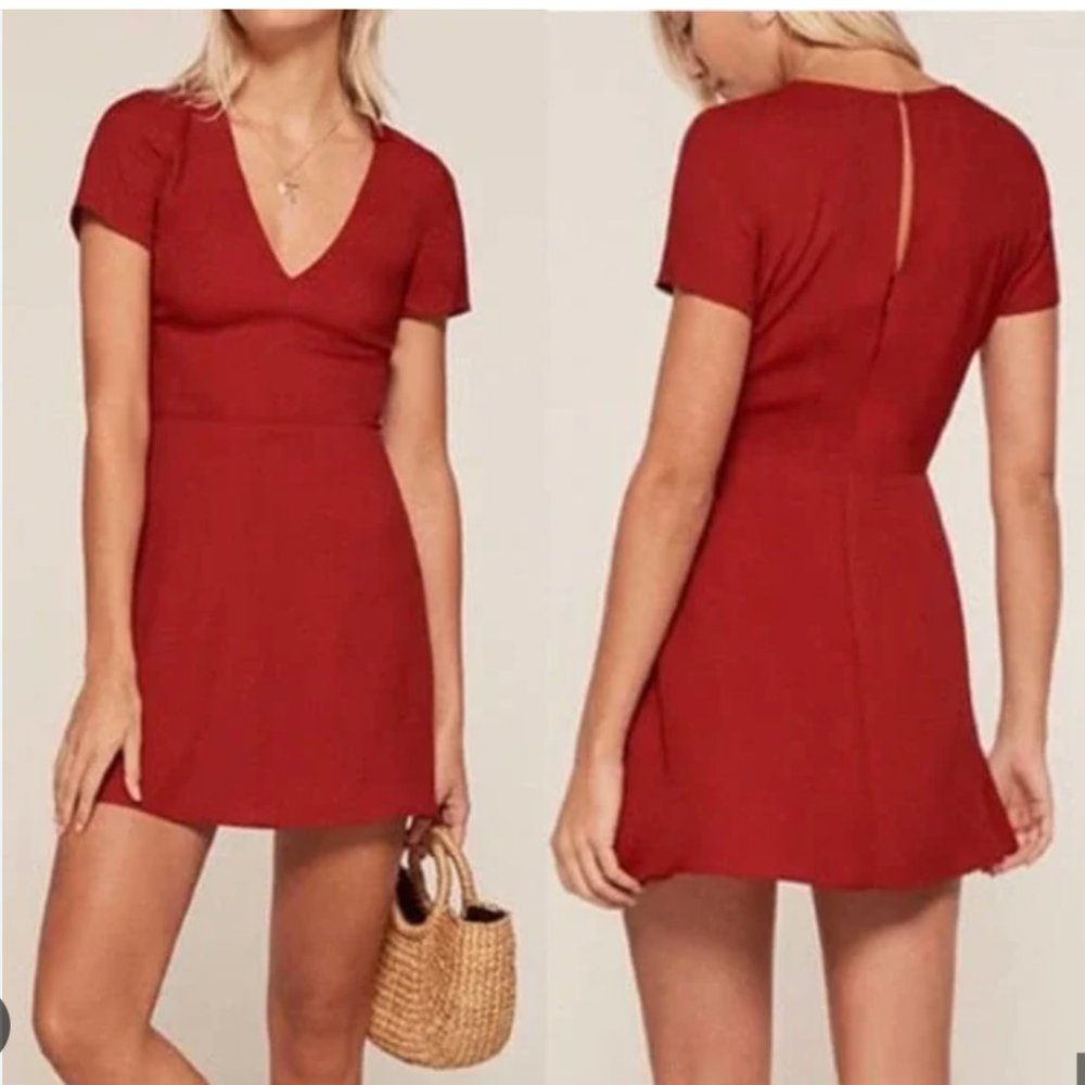 New Reformation Durham Cinnamon Red V-Neck Mini Crepe Dress Size 4